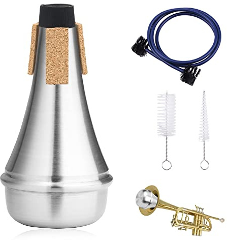 JNZLT Trompeten Dämpfer, Trompete Mute Tragbar Schalldämpfer aus Aluminium Musikinstrumentenzubehör mit 3 Reinigungsbürste Trompete für Alle Trompeten (Silber)