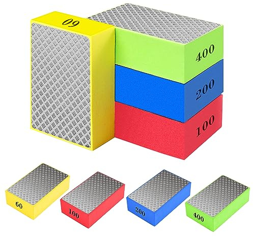 TOPHONIEX 4 Pieces Diamond Hand Polishing Pads Sanding Block Glass Grinding Pads Sharp Sanding Block Kit for Sanding Ceramic Tile Concrete Glass Stone Granite Marble(60#,100#,200#,400#)