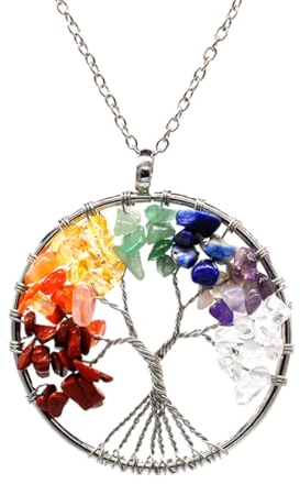 Arbre de Vie Collier, 7 Chakra en Cristal Stone, Cuivre Chakra Pierre Pendentif, Chaîne Longue, Bijoux pour Femme