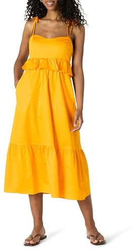 Amazon Essentials Robe Longue Ajustée et Évasée en Satin de Coton, Col en Cœur et Taille Empire Femme, Jaune Doré, XS