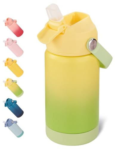 Fijinhom 12 oz Water Bottle, Kids Water Bottles for School, Toddler Cup with Straw & Handle, 304 Stainless Steel Insulated Water Bottle, Non-slip Silicone Base, BPA Free, Gradient Yellow