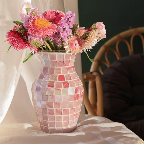 Jarrón de Vidrio Mosaico Rosa para Flores – Jarrón Decorativo Moderno Hecho a Mano – Florero para Hogar, Centro de Mesa, Bodas, Salón y Estantería