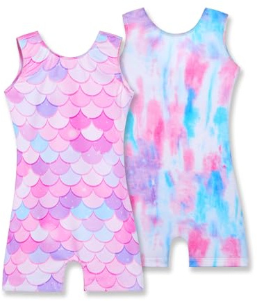 Nymphperi Gymnastics Leotards for Girls Size 5-6 Years Old 2 Pack Pink Mermaid Scales Bodysuits Colorful Tie Dye Gym Unitards
