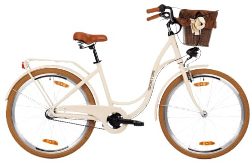 Goetze Style 26 Zoll ALU Damen Citybike Komfort-Fahrrad mit 3-Gang | 17 Zoll Aluminium Tiefeinsteiger, 14 kg, Rücktrittbremse & V-Brake, LED-Licht, Rattankorb, Gepäckträger & Ständer
