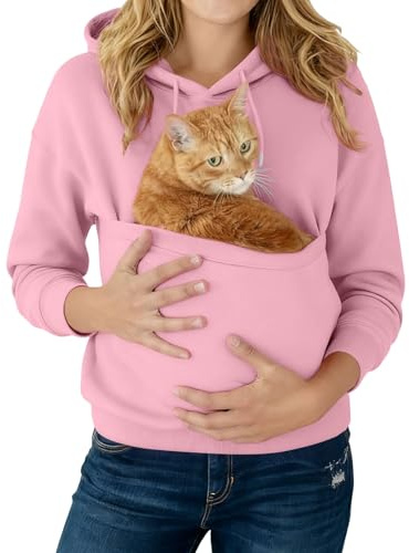 Générique Överdimensionerad tröja för kvinnor - känguru katt huvtröja fritid utomhus sweatshirt bekväma toppar enfärgad huvtröja med dragsko sweatshirt, rosa, XL