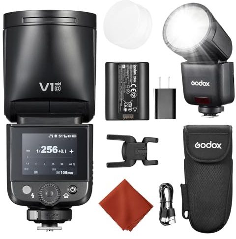 Godox V1 Mid O para Olympus V1 Mid-O Flash Cámara 55Ws Speedlite Cabeza Redonda TTL Mini Flash con Difusor Zapata Caliente,2,4G HSS 1/8000s,Pantalla Táctil Color,USB-C,Compatible E-M1 E-P5 y AK-R1