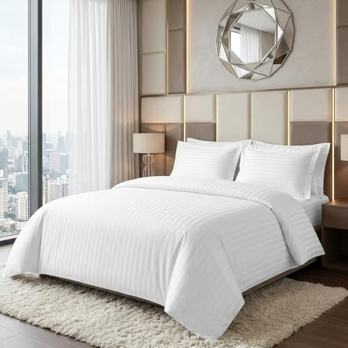M&J Home 3 Piece Microfibre Satin Stripe White Double Duvet Cover Set Microfibre - Includes Duvet Cover & Pillowcase(s)