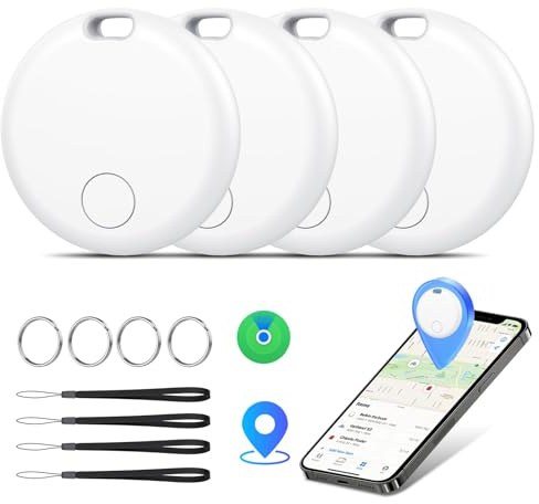 Smart Tracker Tag 4 Pack, Localizador de Objetos Bluetooth Finder, Compatible con Buscar Apple (sólo iOS), 365 días de Uso, Baterías Reemplazo, Buscador para Llaves/Carteras/Equipajes, Blanco