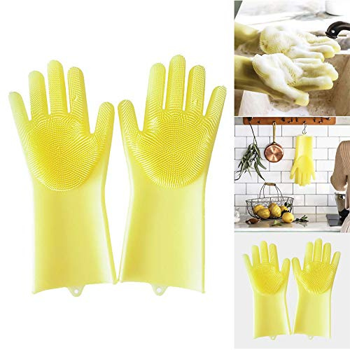 Magische Silikon-Handschuhe, multifunktionale wasserdichte Reinigungsbürste, Schrubber Handschuhe, ideal zum Geschirrspülen, Autowaschen, Reinigung, Haustierhaarpflege (gelb)