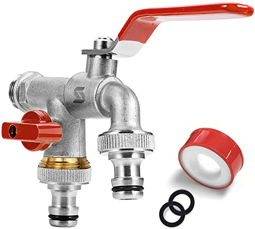 SPGOOD Premium Garten Wasserhahn, 1/2 Doppel Messing Wasserhahn Rost- + mit 2 Schlauchanschlüsse + 1x Trommeldichtband, Doppelgelenk und Schlauchtülle für Garten(Rot)