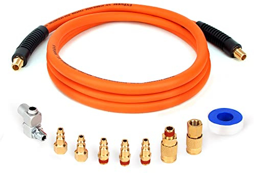 FYPower 3/8 Inch x 10 ft Hybrid Whip Air Compressor Hose Kit, 10 Pieces Lead in Air Hose Accessories kit, 1/4 NPT Air Coupler and Plug, Industrial Solid Brass Quick Connect, 360° Swivel Connector