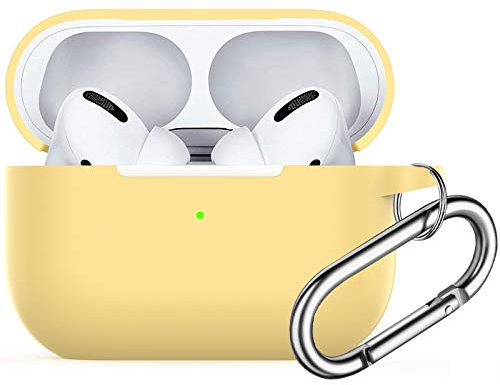 für Airpods Pro Hülle, Watruer Soft Silicone Skin Cover Stoßdämpfende Schutzhülle mit Schlüsselbund für Apple Airpods Pro 2019 (LED vorne sichtbar) - Gelb