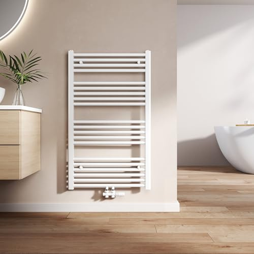 EMKE Badheizkörper Gerade 1000x600 mm - Handtuchheizkörper mit Mittelanschluss, Effizienter Handtuchwärmer Handtuchtrockner Heizkörper für Bad, Weiß, 498W