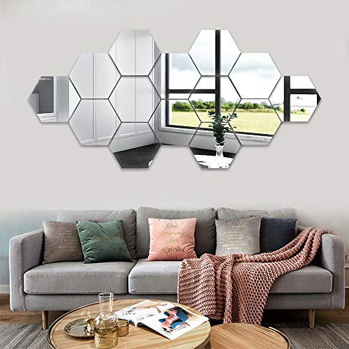 Lokiiz 14 Large Hexagon Acrylic Plastic Wall Stickers - Art Decoration Wall Mirror Tiles for DIY Setting - Home, Office, Bedroom, Gym Decor