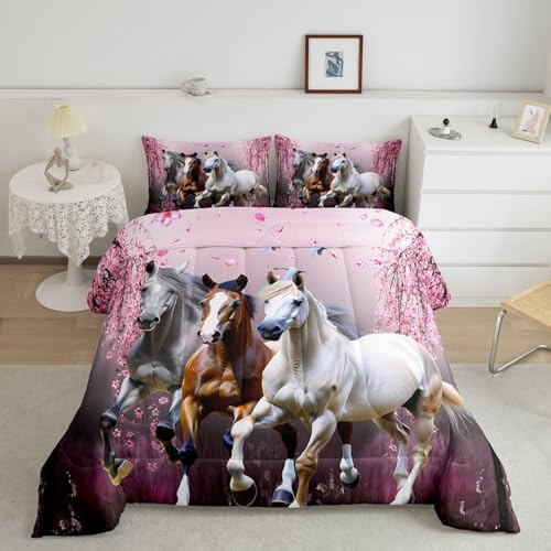 Feelyou Girls Horse Twin Size Comforter Set Cherry Blossom Galloping Horse Bedding Set for Kids Boys Teens Western Duvet Comforter Floral Animal Decor Gifts for Girls Quilt Set Bedroom 2Pcs,Pink