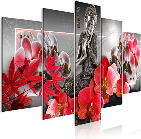 B&D XXL Acrylglasbild Buddha 200x100 cm 5 Teilig Wandbild auf Acryl Glasbilder Kunstdruck Moderne Acrylglas Platte Wanddekoration Geschenke Heimdekoration Glasbild Statue Feng Shui Blumen Abstrakt