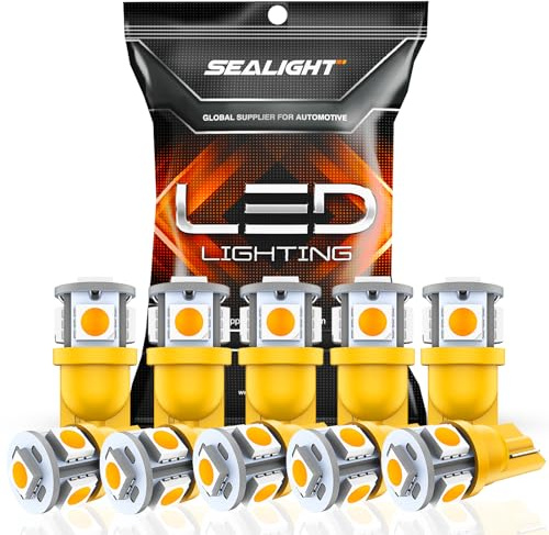 SEALIGHT 194 LED Bulbs, 168 T10 LED Bulb Amber 2700k Yellow 2825 for Turn Signal Side Marker Dome Lights, 12V Cab Running Parking Tail Lights, (Pack of 10)