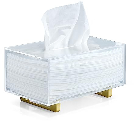 YoBa Thick Acrylic Tissue Box Holder Rectangular Clear Tissue Box Dispenser with Gold Plated Aluminum Legs for Bathroom, Kitchen, Bedroom, Office, Hotels and Restaurant