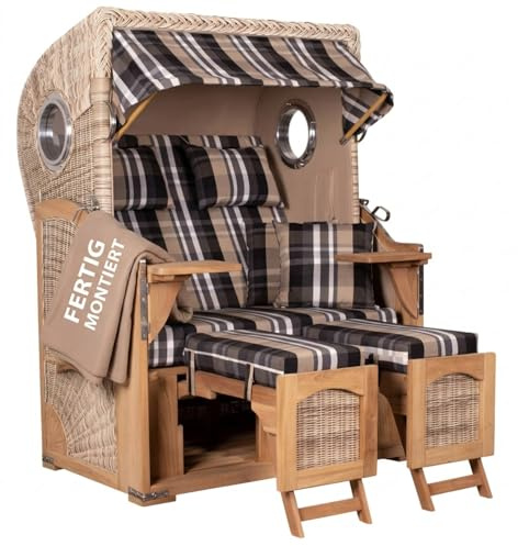 MR. DEKO® Strandkorb Düne Teak 2-Sitzer Bullauge | PE Geflecht Shell | Volllieger Strandstuhl verstellbar | inkl. 4 Kissen Wechselpolster | Strandkörbe fertig montiert aus Teakholz | (Dessin 583)