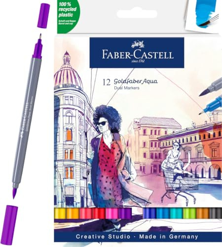 Faber-Castell Creative Studio Goldfaber Aqua Dual Markörer, Flerfärgad, Markeringsplånbok med 12, för konst, hantverk, ritning, skissning, hem, skola, universitet, färgning