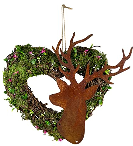 Dekofigur Hirschkopf Trophäe im Rost Design zum hängen, Rostfigur für den Garten, Gartendeko (Kranz mit Hirschkopf)