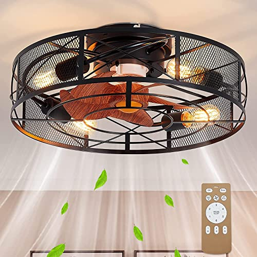 Silent Ceiling Fan Lights with Remote Control E27 Vintage Industrial Fan Chandelier Retro Black Metal Cage Fan Ceiling Lamp with Timing Mute Fan Lighting for Bedroom Living Room Kitchen Dining Room
