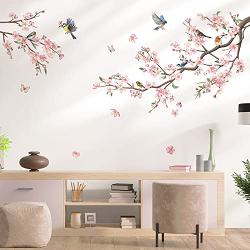 decalmile Wandtattoo Blumen Vögel auf Ast Wandaufkleber Blüten Äste Rosa Wandsticker Schlafzimmer Wohnzimmer Babyzimmer Wanddeko