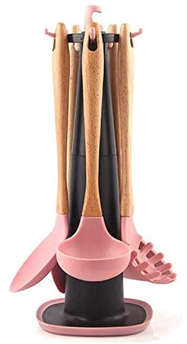 YANYUESHOP Juego de Utensilios de Cocina de Silicona Antiadherente Pala de Cocina de Silicona Juego de Cuchara Pala Cuchara Espátula de Alta Temperatura con Estante de Almacenamiento-Rosa