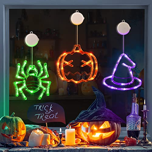 LOLStar Halloween Window Decorations 3 Pack Orange Pumpkin Green Spider Purple Witch Hat Battery Operated Window Lights with Suction Cup Slow Fade Timer Function Halloween Indoor Lights for Windows
