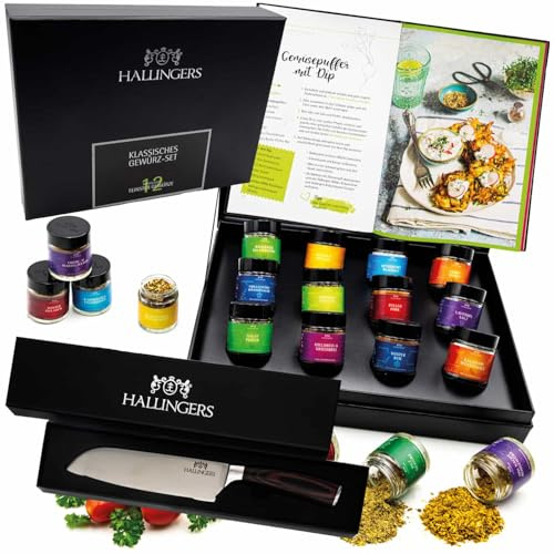 Hallingers Genuss Manufaktur Gewürz Geschenk-Set - 12 Gewürze aus aller Welt in wertiger Geschenkbox mit Rezept-Booklet Klassisches Gew..., Geschenkidee für Frauen Männer