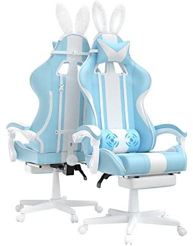 Ferghana Gaming Stuhl Massage Ergonomischer Gaming Sessel mit Fußstütze PC Stuhl Gaming Chair mit Kopfstütze und Lendenkissen Racing Computerstuhl mit Hasenohren Hellblau