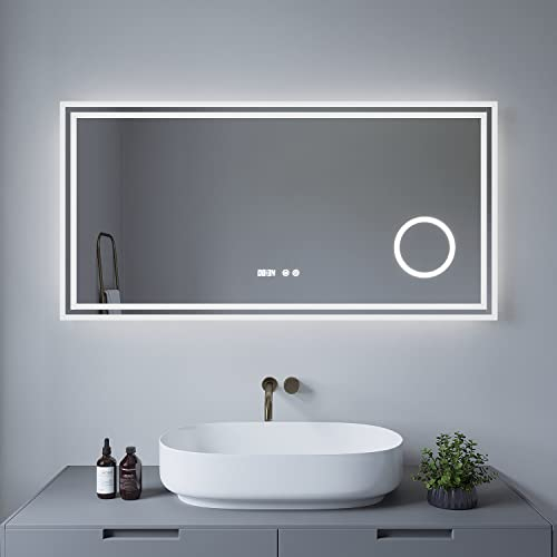 AQUABATOS® Badezimmerspiegel Essens-Serie 120x60cm Typ D Badspiegel mit Beleuchtung Antibeschlag Kosmetikspiegel Schminkspiegel 3 Fach Vergrößerung Digital Uhr Touch Schalter Dimmbar Kaltweiß 6400K