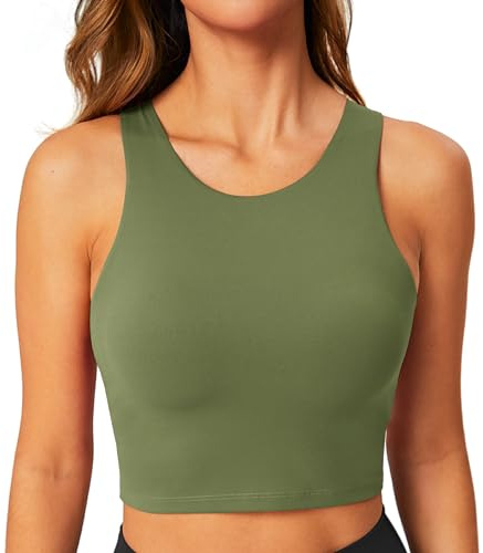 BAYDI Sportbehå för kvinnor utan bygel, bustier, högstängd, crop top, racerback, linne, avtagbar stoppning, yoga-bh, Grå oliv, S