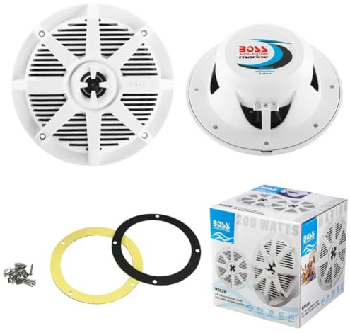 KIT Set FÜR BOSS Audio Systems MR62W 2 weiße Marine-Lautsprecher, 2-Wege, 6,5 Zoll, 16,5 cm, 100 Watt RMS, 200 Watt Max, wasserdicht, Meer, Boot, paarweise + kostenlose Dichtungen und Schrauben