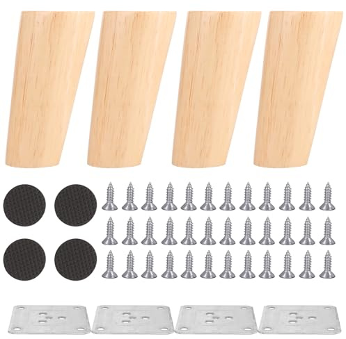 YOUNTHYE 4 Stück Möbelfüße Holz Schräg 10cm Möbelbeine Holz Rund Möbelfuß Massivholz Holzfüße für Möbel Ersatz Tischbeine mit Montageplatten und Filzgleiter Schrank Füße für Sofa, Bett, Couch