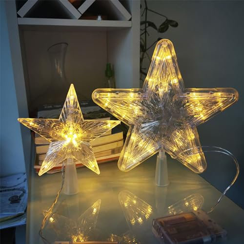 Décoration de sapin de Noël - Pointe de sapin de Noël avec 10 LED avec prise électrique - 16 x 16 cm - Pentagramme lumineux - Étoile de sapin de Noël (lumière blanche chaude, 16 x 16 cm)