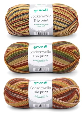Gründl Wolle Sockenwolle Trio - Strickgarn für 3 Paar Socken - Strapazierfähig und hautfreundlich - 75% Schurwolle, 25% Polyamid - 3 Knäuel 100 g / 420 m - Nadelstärke 2,5-3 - natur-orange-braun