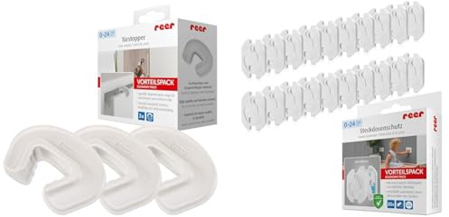 reer Vorteilspack 3x Finger-Klemm-Schutz für Türen, Tür-Stopper, vom schwäbischen Kinder-Sicherheits-Experten, transparent & Steckdosen-Schutz - Das kindersichere Original vom Erfinder