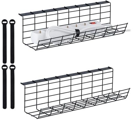 Relaxdays 2 Organizadores Cables Escritorio, Bandeja Gestión Cableado, 11x43x14 cm, Sujetacables Hierro, Regleta, Negro
