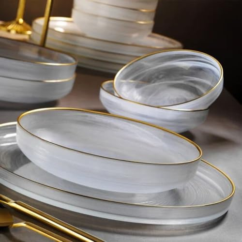 Fecra Glasgeschirr - 18-teiliges Tafelservice in Weiß und Gold - Elegantes Komplettservice - Tafelservice für 6 Personen