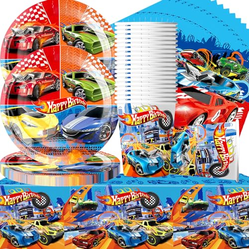 Doyomtoy Stoviglie per Feste di Racing,20 Ospiti Auto da Corsa per Ragazzi Compleanno Stoviglie Ragazzo, Auto di ingegneria Party Set, Tazze, Piatti, tovaglie, tovaglioli