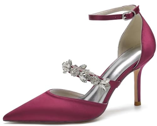 IvoireCh Décolleté da sposa in raso da donna - Décolleté da matrimonio con cinturino alla caviglia e strass, tacco alto a punta per sposa e cerimonia, eleganti scarpe da cocktail e da cerimonia, Vino