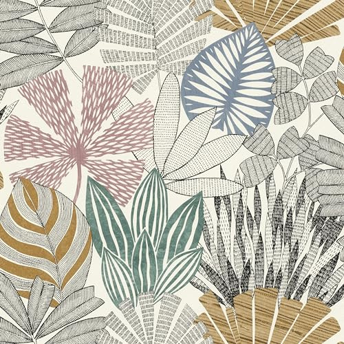 Rasch Symphony 868258 Papier peint intissé avec différentes feuilles en bleu, vert, rose, marron, noir et blanc, 10,05 m x 0,53 m (L x l)