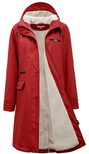 Peter Patter Manteau de pluie, pour femme, doublé, en polaire teintée, imperméable, avec fourrure synthétique, chaud, long en polyuréthane, coupe-vent, parka de pluie pour l'hiver, rouge, 40