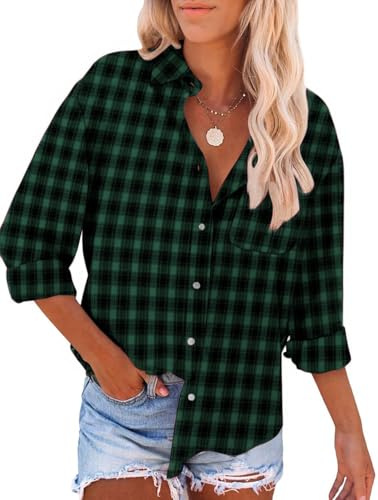 YUTILA Camicia da donna a quadri, a maniche lunghe, con scollo a V, per il tempo libero, con tasca, verde scuro, XL