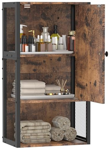 NOVIMANGO Farmhouse Medicine Cabinets, Small Bathroom Cabinet Wall Mount, Brown Bathroom Wall Cabinet, 3-Tier Wall Mounted Storage Cabinet for Small Spaces, Living Room, Laundry