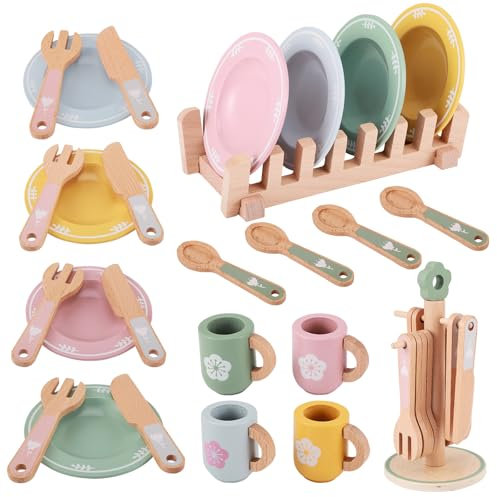 Wooden Tea Set for Toddlers Toy, 22 PCS Kitchen Accessories Role Play Cooking Toy, Kids Pots and Pans Playset, Tea Set for Toddlers Girls Boys Age 3 4 5