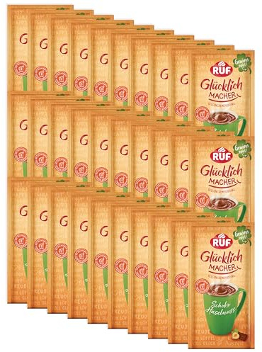 RUF Monats-Vorrat Glücklichmacher Tassenpudding Schoko Haselnuss, Cremepudding mit knackigen Haselnuss Stückchen, nur Wasser hinzufügen, 30 x 59g Beutel