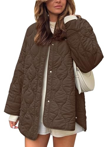Flygo Women's Oversized Quilted Lightweight Jacket Button Down Puffer Padded Outerwear with Pocket(Coffee-M)