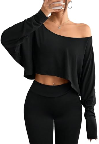 Hilinker Womens Off Shoulder Long Sleeve Crop Tops Sexy Boat Neck Loose Casual T Shirt Black Large